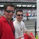 Pro bowler, Danny Wiseman (left), poses with Sam Hornish during Hornish's Indy Car racing days. 